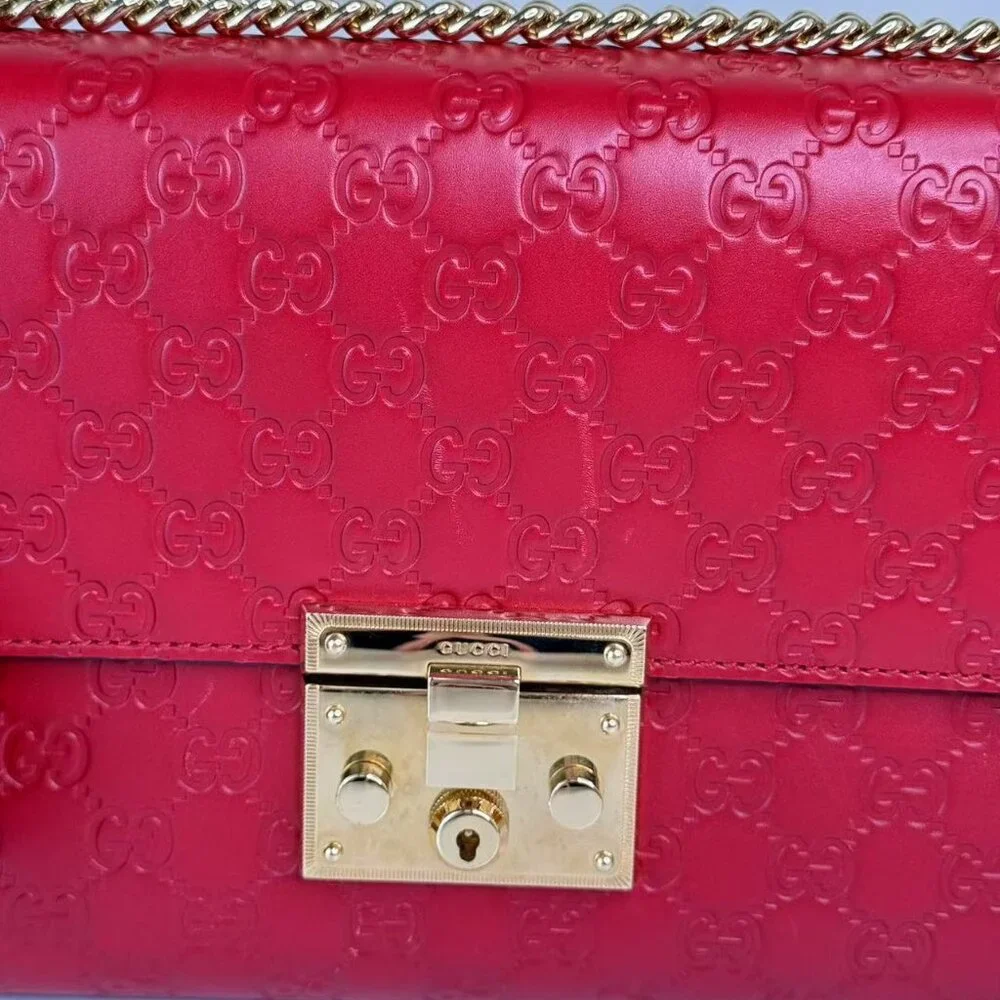 Gucci GG Logo Printed Red Leather Small Padlock Shoulder Bag with Gold Hardware - Picture 9 of 11